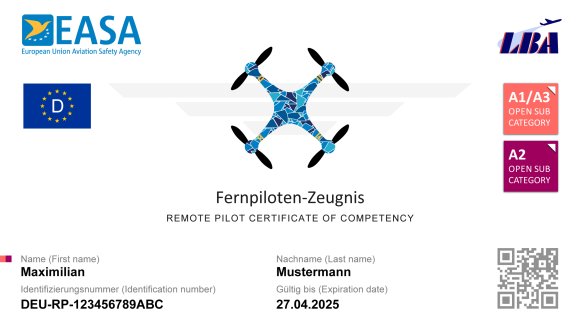 Muster Fernpilotenzeugnis Muster Fernpilotenzeugnis mit Logos von EASA, LBA, Deutschland im EU Kreis, A1/A3 und QR-Code. Text:"Fernpilotenzeugnis" ausgestellt auf Maximillian Mustermann.