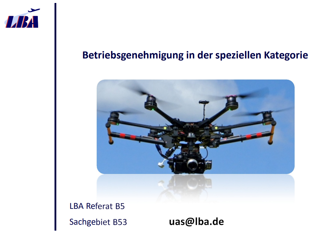 First page of the PDF document with information about the operational authorization in the ‘specific’ category with a picture of a drone.