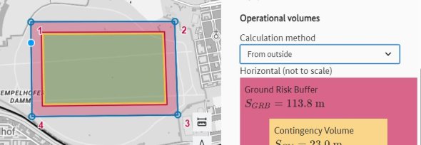Drop-down selection for calculation method "From outside" with partial map section of the volume planner. The geometry shown represents the entire operational volume consisting of "Flight Geometry", "Contingency Volume" and "Ground Risk Buffer" Drop-down selection for calculation method "From outside" with partial map section of the volume planner. The geometry shown represents the entire operational volume consisting of "Flight Geometry", "Contingency Volume" and "Ground Risk Buffer"