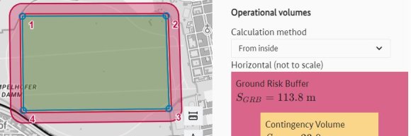Drop-down selection for calculation method "From inside" with partial map section of the volume planner. The geometry shown corresponds to the "Flight Geography" and the "Contingency Volume" and "Ground Risk Buffer" added outside are displayed Drop-down selection for calculation method "From inside" with partial map section of the Volume Planner. The geometry shown corresponds to the flight geography and the "Contingency Volume" and "Ground Risk Buffer" added outside are displayed