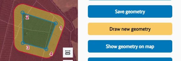 Volume planner section with map display of the operational volume with ground risk buffer in edit mode. The "Save geometry" button is available in the "Geometry" menu Volume planner section with map display of the operational volume with ground risk buffer in edit mode. The "Save geometry" button is available in the "Geometry" menu