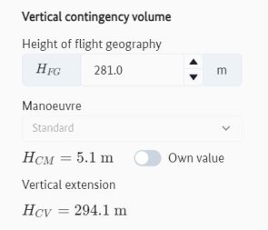 Input of the flight altitude as well as the output of the calculated values to the vertical contingency volume and associated input fields for the selection of the contingency manoeuvre and determination of an own value for the contingency manoeuvre Input of the flight altitude as well as the output of the calculated values to the vertical contingency volume and associated input fields for the selection of the contingency manoeuvre and determination of an own value for the contingency manoeuvre