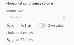 Calculated values for the horizontal contingency volume and associated input fields for selecting the contingency manoeuvre and determining an own value for the contingency manoeuvre Calculated values for the horizontal contingency volume and associated input fields for selecting the contingency manoeuvre and determining an own value for the contingency manoeuvre
