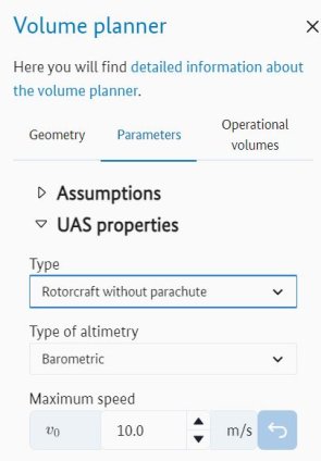 "Parameter" menu with the sections for "Assumptions" and "UAS properties". The UAS properties section is open "Parameter" menu with the sections for "Assumptions" and "UAS properties". The UAS properties section is open